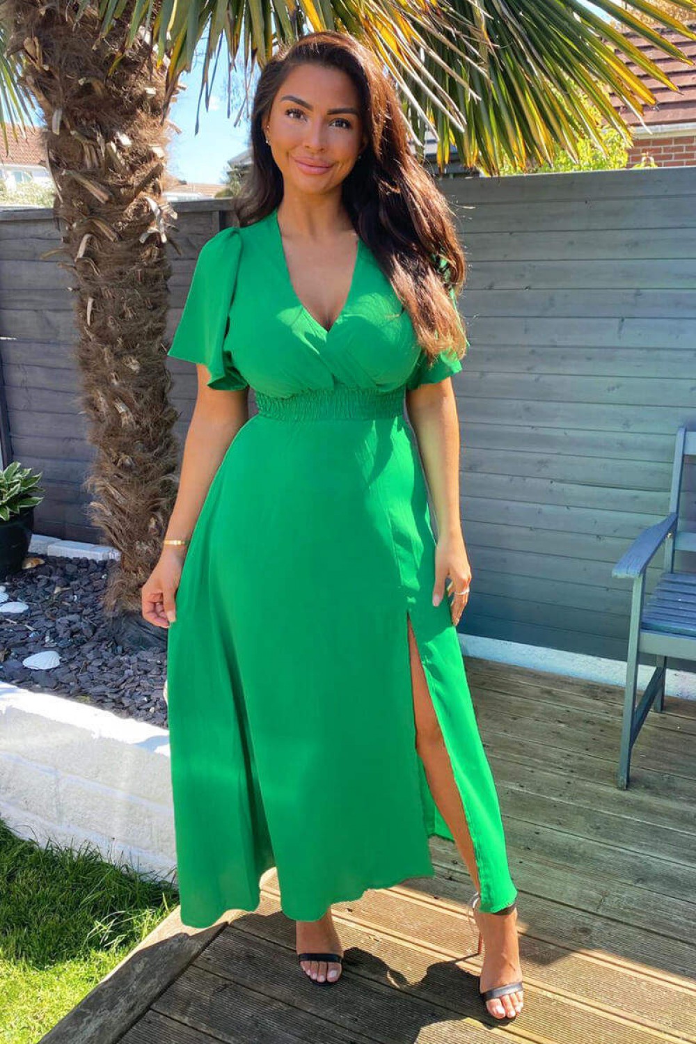 Green Gathered Waist Midi Dress